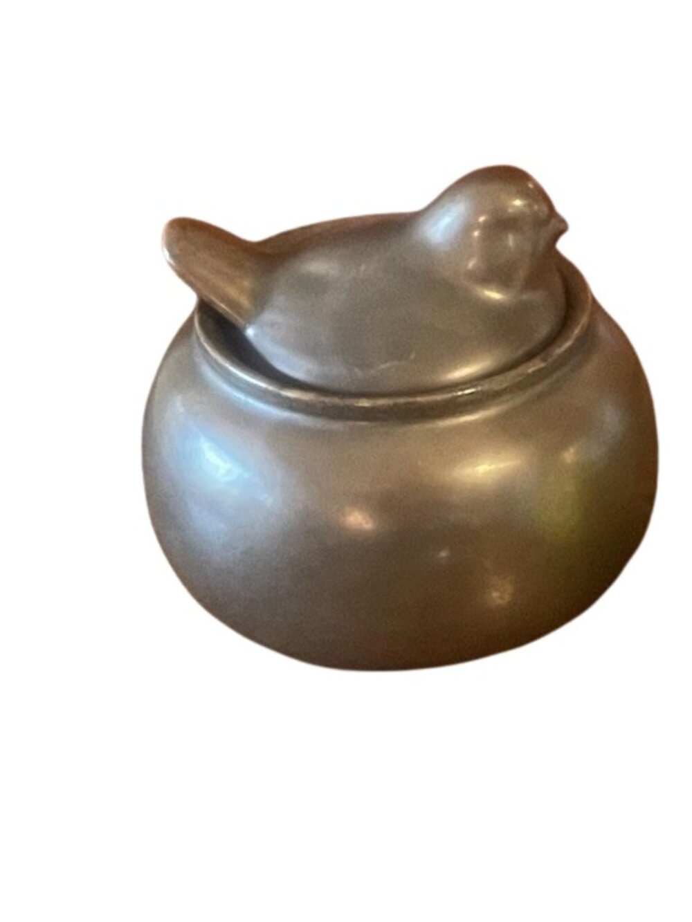 Vintage Satin Bronze Ceramic Sugar Bowl with Figural Bird Lid